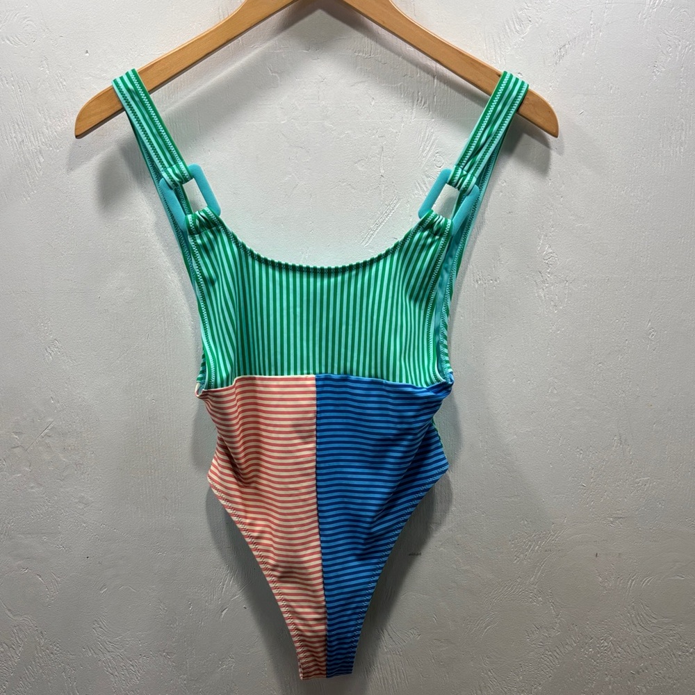 Aerie Stripped Low Back Ring Birthday Scoop Cheekiest One-Piece Swimsuit Small - Picture 1 of 7